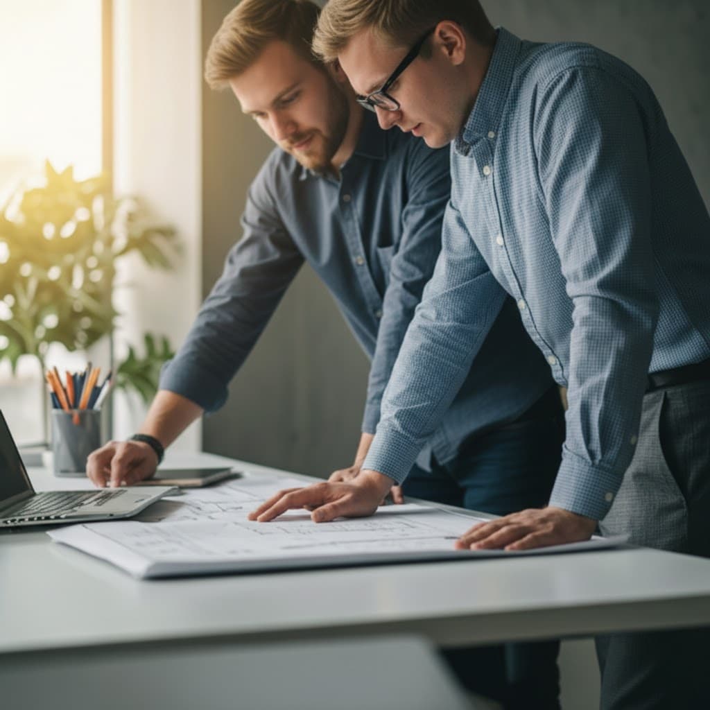 Engineers collaborating on blueprints